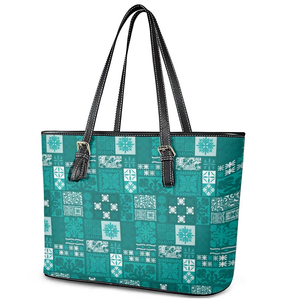 Vintage Hawaiian Quilting Patterns Leather Tote Bag Turquoise Style Tribal Fabric Patchwork - Polynesian Pride