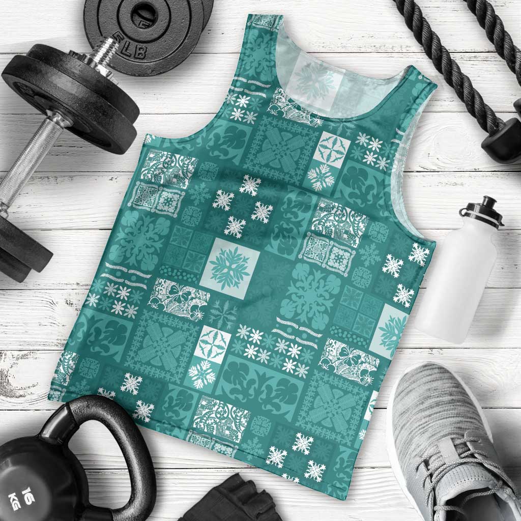 Vintage Hawaiian Quilting Patterns Men Tank Top Turquoise Style Tribal Fabric Patchwork - Polynesian Pride