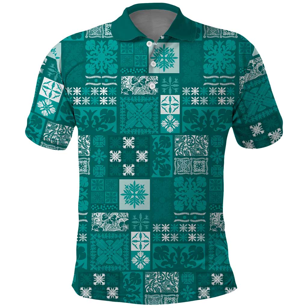 Vintage Hawaiian Quilting Patterns Polo Shirt Turquoise Style Tribal Fabric Patchwork - Polynesian Pride