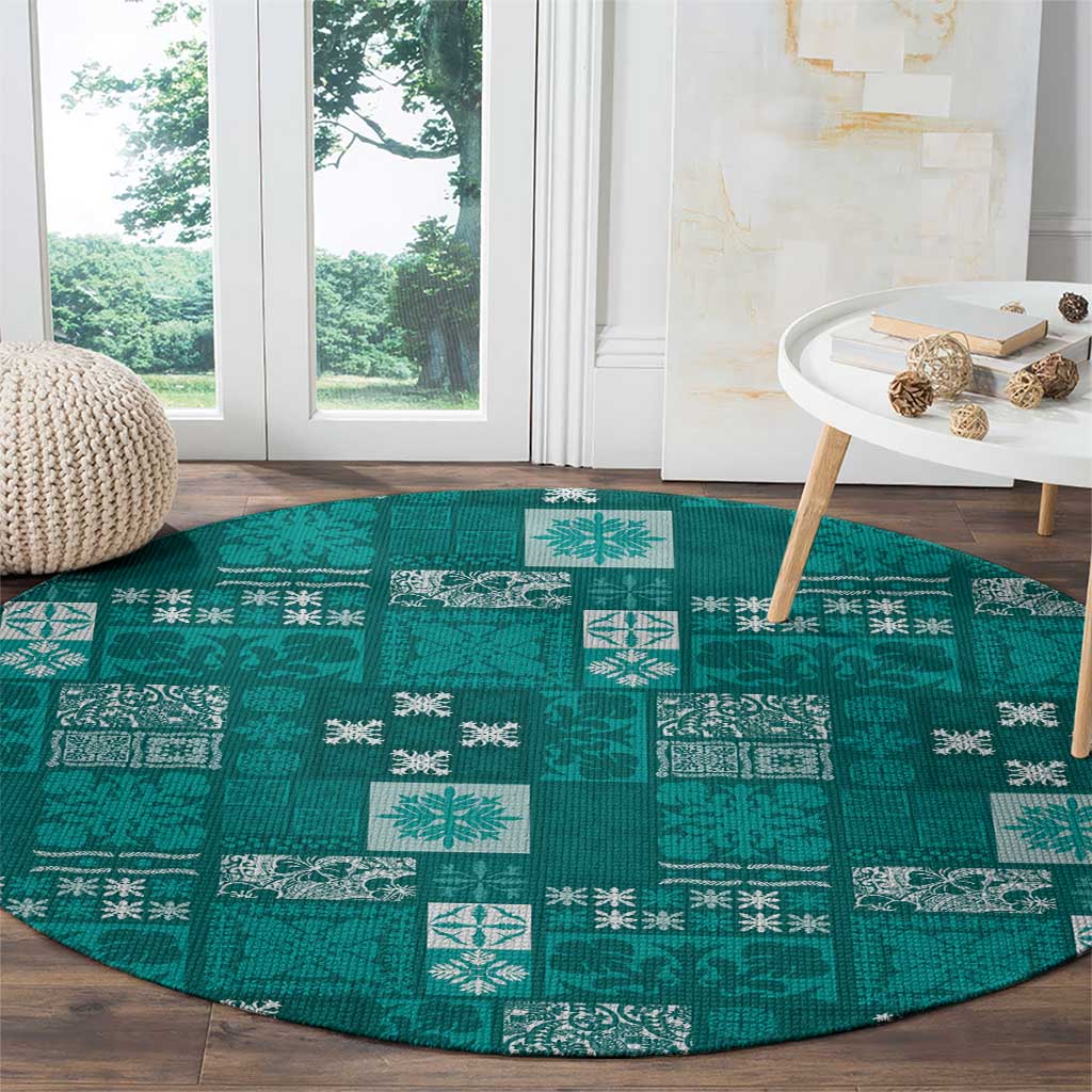 Vintage Hawaiian Quilting Patterns Round Carpet Turquoise Style Tribal Fabric Patchwork - Polynesian Pride
