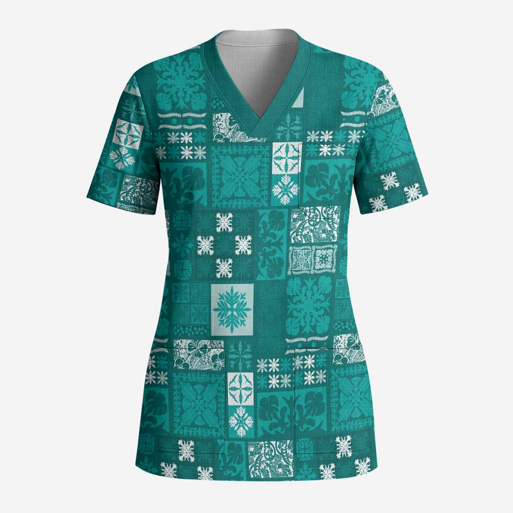 Vintage Hawaiian Quilting Patterns Scrub Top Turquoise Style Tribal Fabric Patchwork LT9 Adult Turquoise - Polynesian Pride