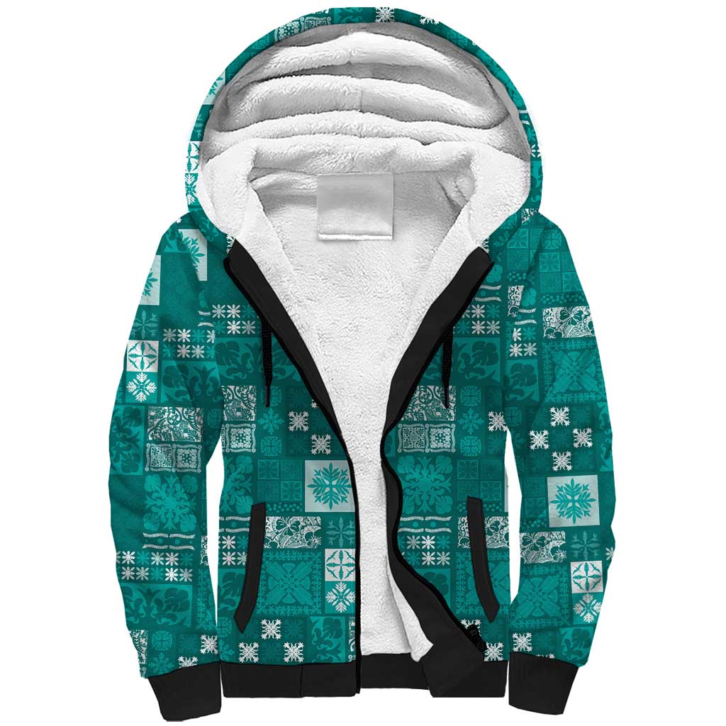Vintage Hawaiian Quilting Patterns Sherpa Hoodie Turquoise Style Tribal Fabric Patchwork LT9 Unisex Turquoise - Polynesian Pride