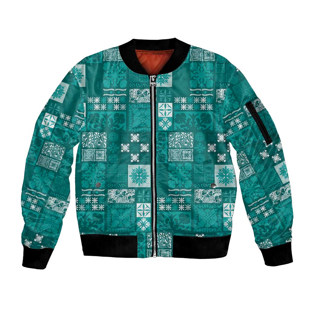 Vintage Hawaiian Quilting Patterns Sleeve Zip Bomber Jacket Turquoise Style Tribal Fabric Patchwork LT9 Unisex Turquoise - Polynesian Pride