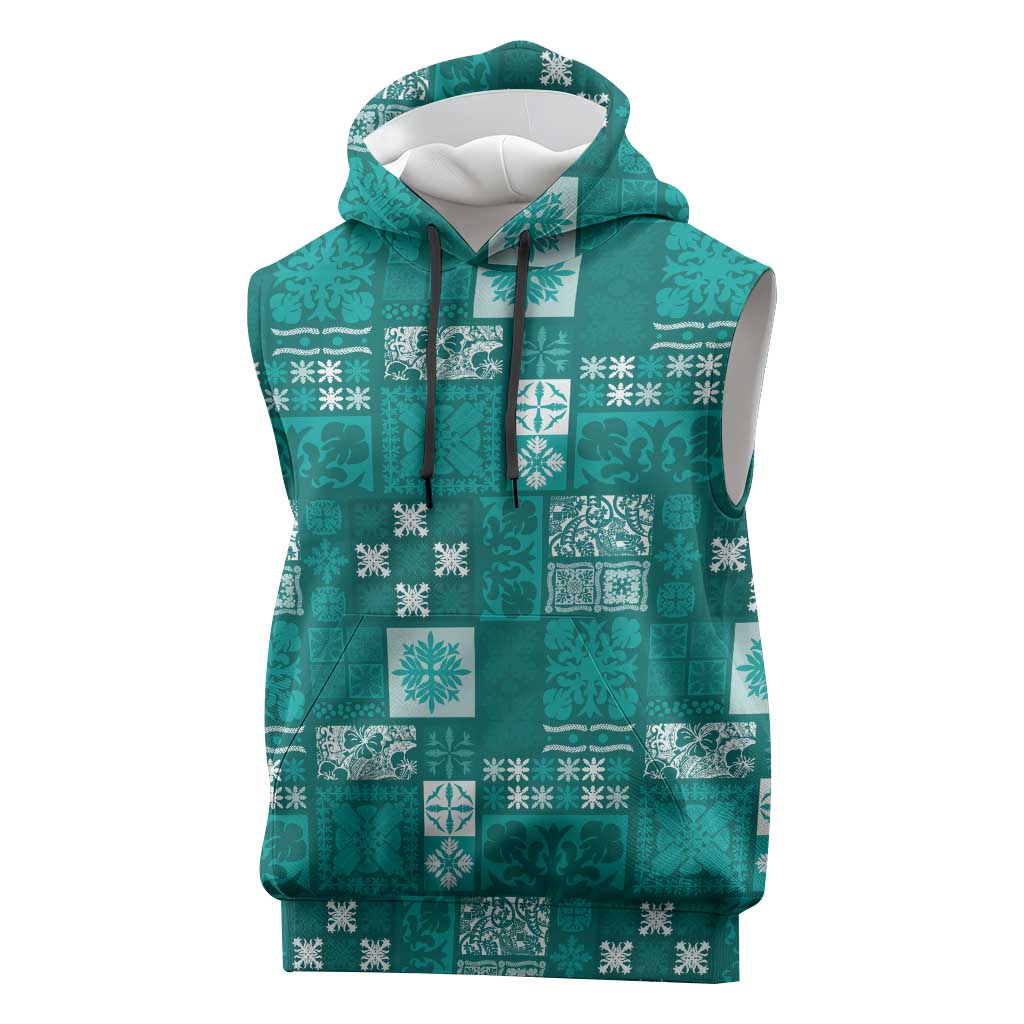 Vintage Hawaiian Quilting Patterns Sleeveless Hoodie Turquoise Style Tribal Fabric Patchwork LT9 Turquoise - Polynesian Pride