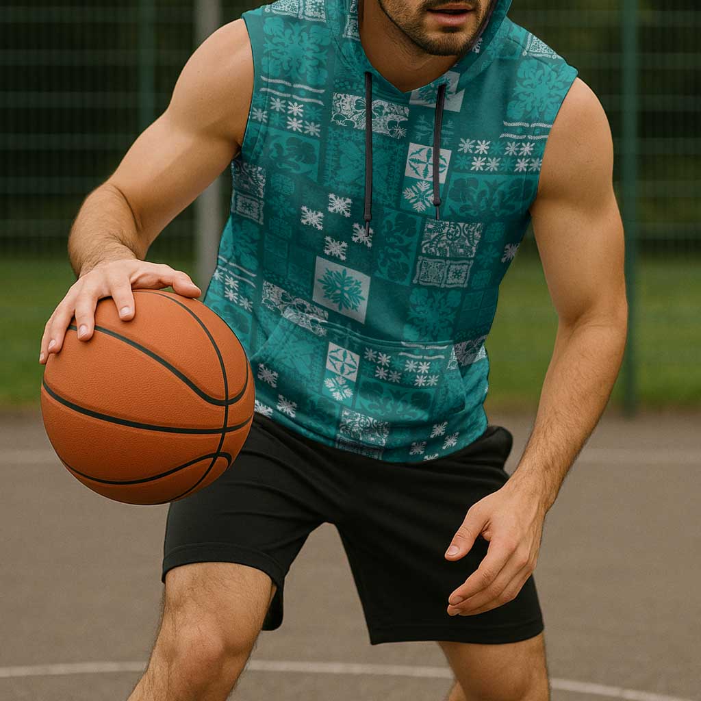 Vintage Hawaiian Quilting Patterns Sleeveless Hoodie Turquoise Style Tribal Fabric Patchwork - Polynesian Pride