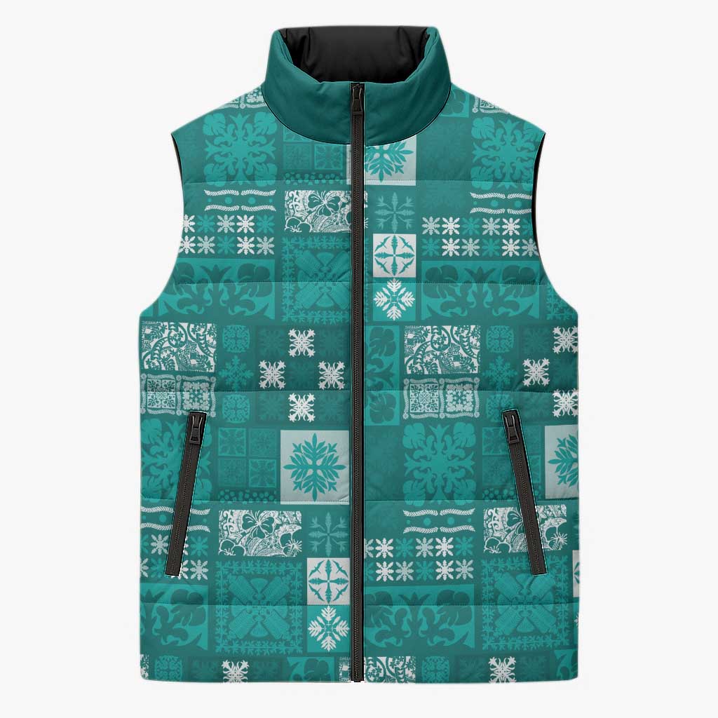 Vintage Hawaiian Quilting Patterns Sleeveless Puffer Jacket Turquoise Style Tribal Fabric Patchwork LT9 Unisex Turquoise - Polynesian Pride