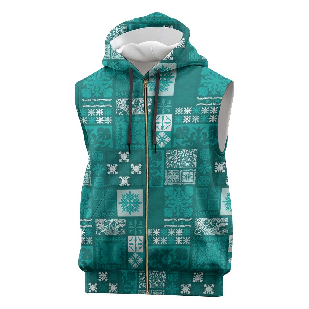 Vintage Hawaiian Quilting Patterns Sleeveless Zip Hoodie Turquoise Style Tribal Fabric Patchwork - Polynesian Pride