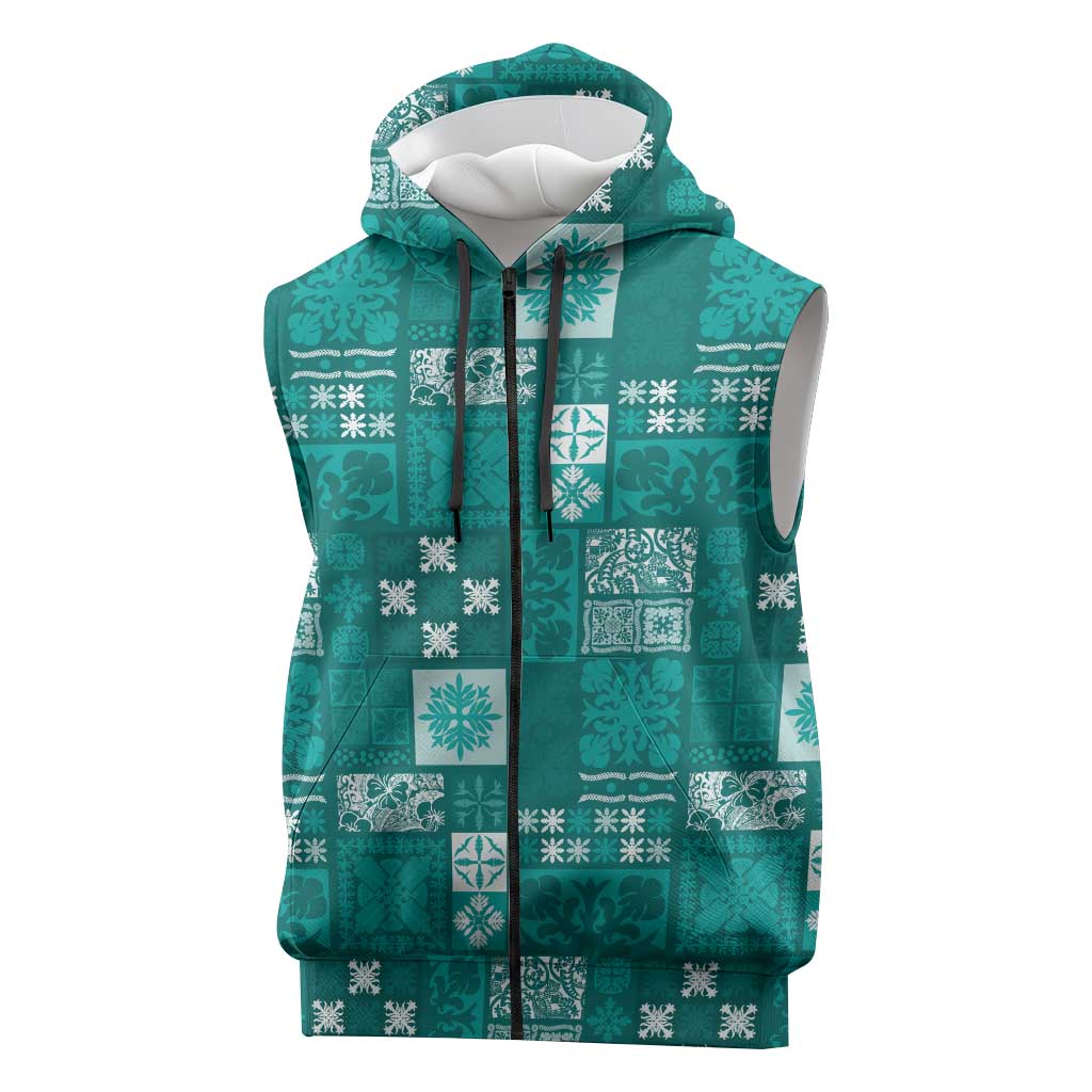 Vintage Hawaiian Quilting Patterns Sleeveless Zip Hoodie Turquoise Style Tribal Fabric Patchwork LT9 Turquoise - Polynesian Pride