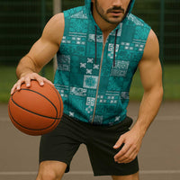 Vintage Hawaiian Quilting Patterns Sleeveless Zip Hoodie Turquoise Style Tribal Fabric Patchwork - Polynesian Pride