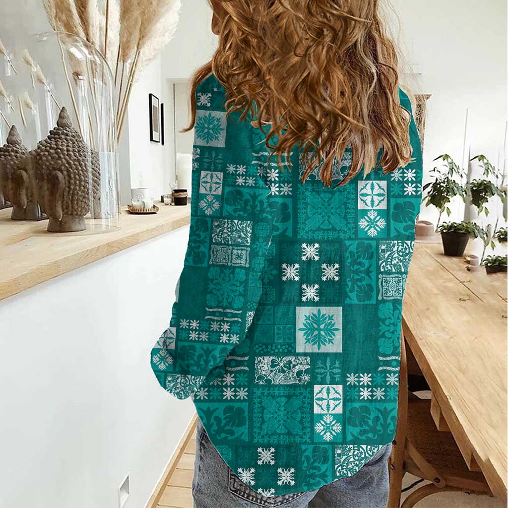 Vintage Hawaiian Quilting Patterns Women Casual Shirt Turquoise Style Tribal Fabric Patchwork - Polynesian Pride