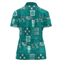 Vintage Hawaiian Quilting Patterns Women Polo Shirt Turquoise Style Tribal Fabric Patchwork - Polynesian Pride