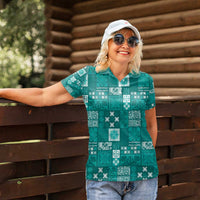 Vintage Hawaiian Quilting Patterns Women Polo Shirt Turquoise Style Tribal Fabric Patchwork - Polynesian Pride