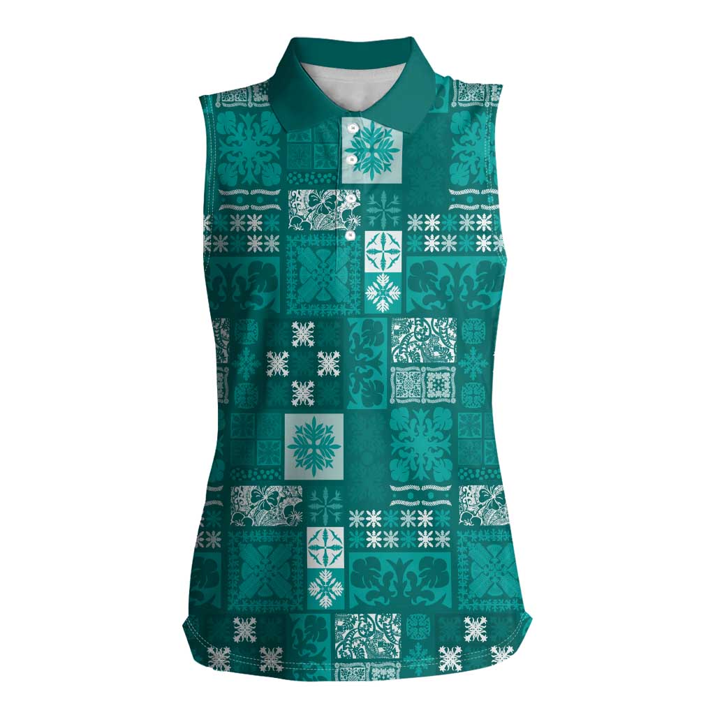 Vintage Hawaiian Quilting Patterns Women Sleeveless Polo Shirt Turquoise Style Tribal Fabric Patchwork - Polynesian Pride