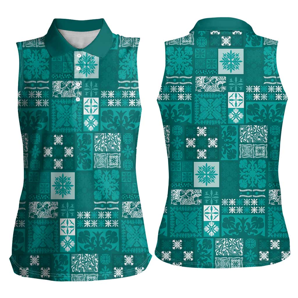 Vintage Hawaiian Quilting Patterns Women Sleeveless Polo Shirt Turquoise Style Tribal Fabric Patchwork - Polynesian Pride