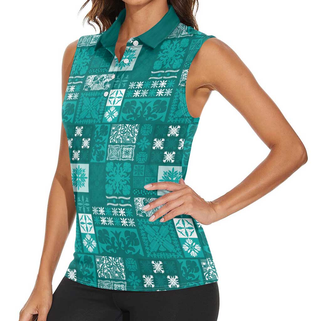 Vintage Hawaiian Quilting Patterns Women Sleeveless Polo Shirt Turquoise Style Tribal Fabric Patchwork - Polynesian Pride