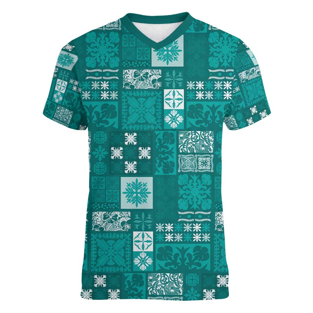Vintage Hawaiian Quilting Patterns Women V-Neck T-Shirt Turquoise Style Tribal Fabric Patchwork - Polynesian Pride