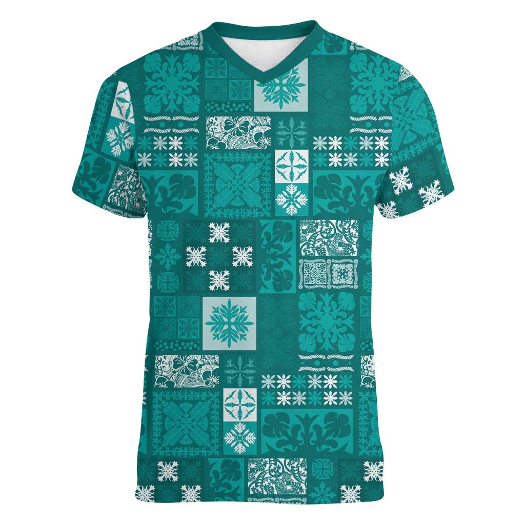 Vintage Hawaiian Quilting Patterns Women V-Neck T-Shirt Turquoise Style Tribal Fabric Patchwork LT9 Female Turquoise - Polynesian Pride