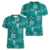 Vintage Hawaiian Quilting Patterns Women V-Neck T-Shirt Turquoise Style Tribal Fabric Patchwork - Polynesian Pride