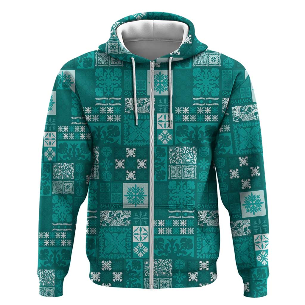 Vintage Hawaiian Quilting Patterns Zip Hoodie Turquoise Style Tribal Fabric Patchwork LT9 Zip Hoodie Turquoise - Polynesian Pride