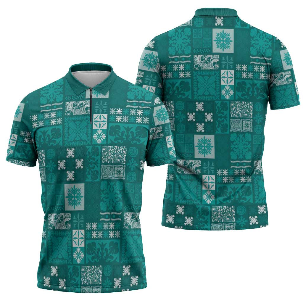 Vintage Hawaiian Quilting Patterns Zipper Polo Shirt Turquoise Style Tribal Fabric Patchwork - Polynesian Pride