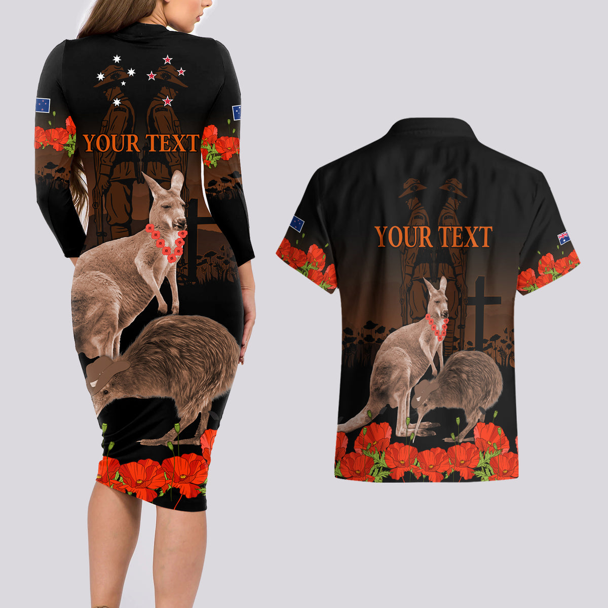 Kangaroo and Kiwi Bird ANZAC Day Custom Couples Matching Long Sleeve Bodycon Dress and Hawaiian Shirt Soldier Style LT9 - Polynesian Pride