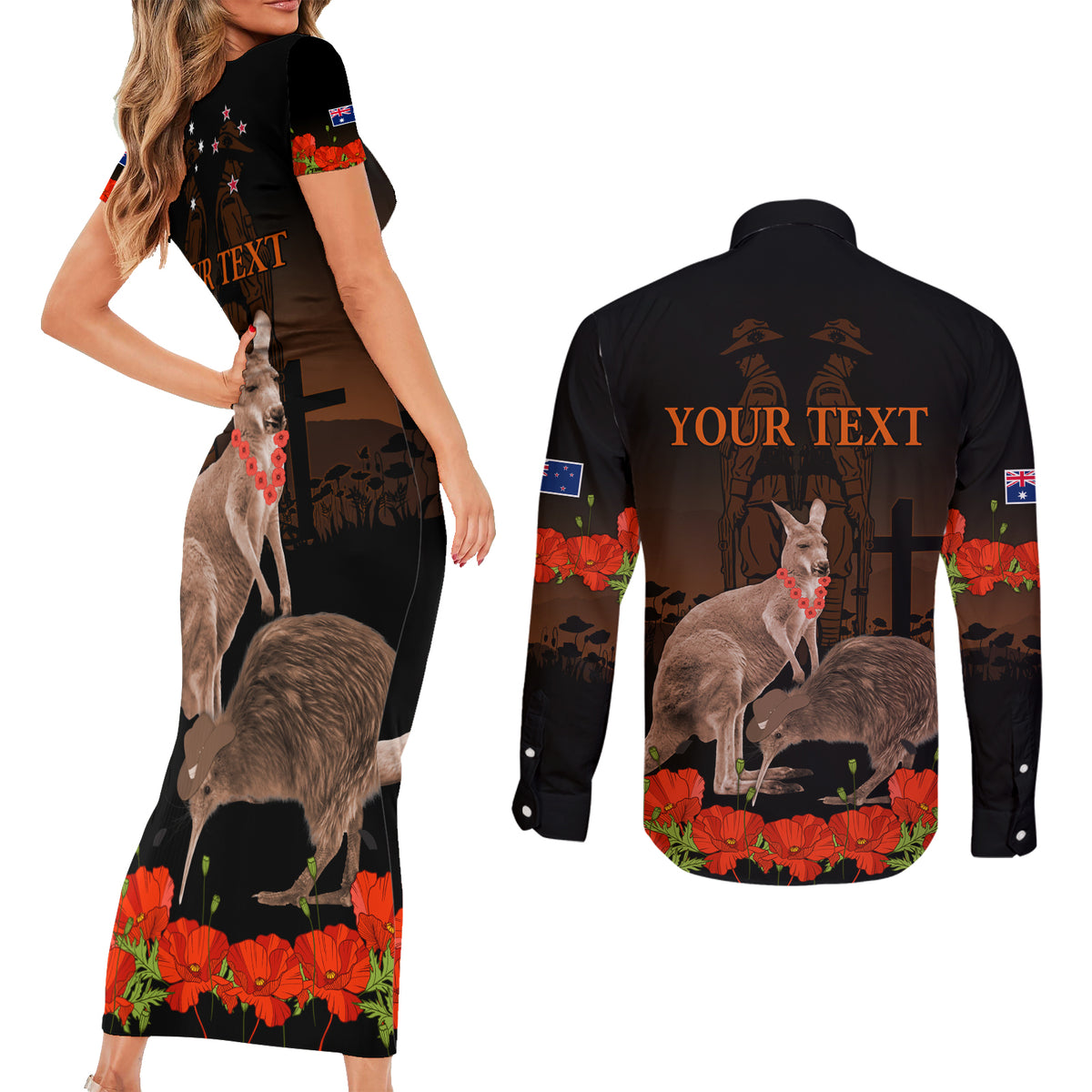 Kangaroo and Kiwi Bird ANZAC Day Custom Couples Matching Short Sleeve Bodycon Dress and Long Sleeve Button Shirt Soldier Style LT9 - Polynesian Pride