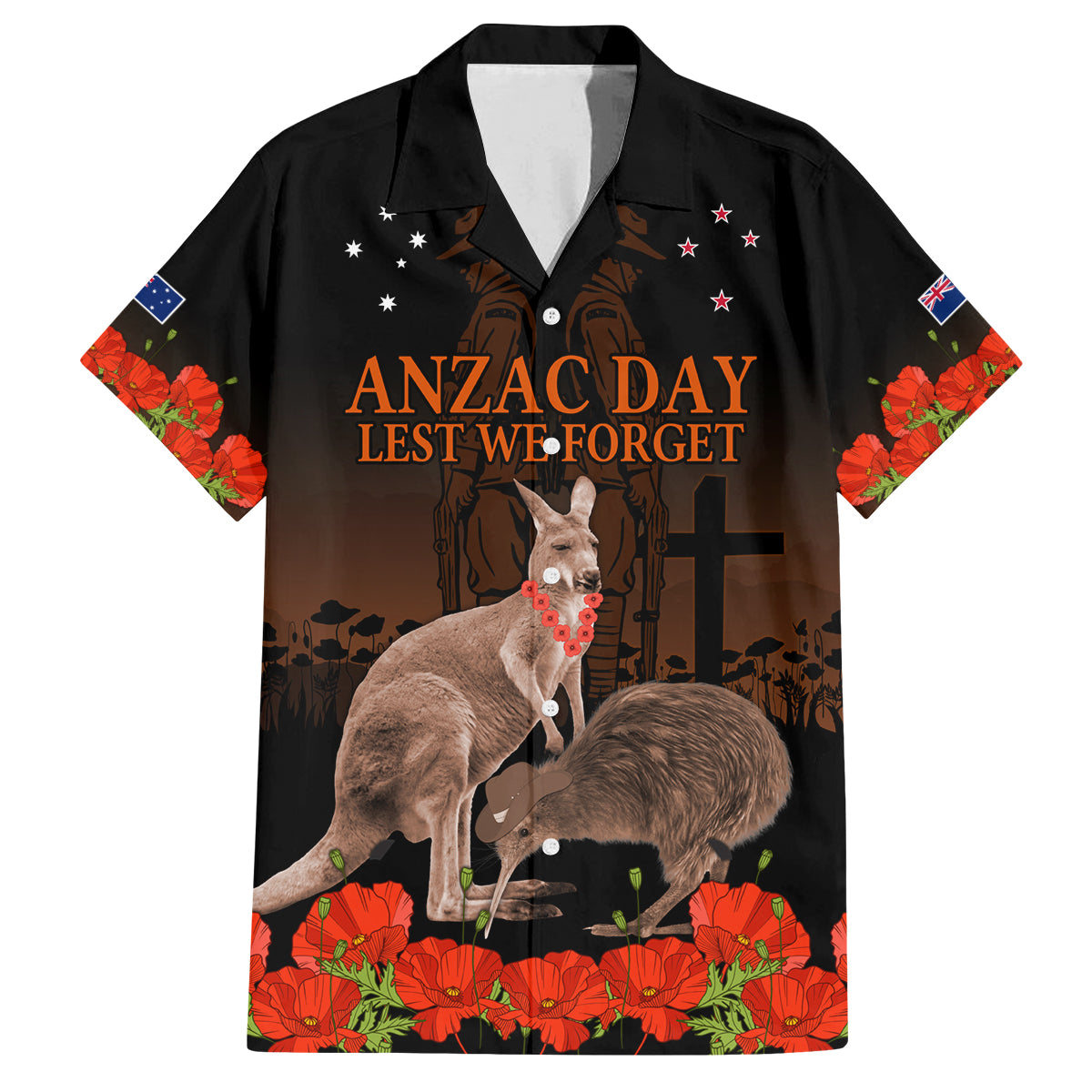 Kangaroo and Kiwi Bird ANZAC Day Custom Family Matching Off Shoulder Maxi Dress and Hawaiian Shirt Soldier Style LT9 Dad's Shirt - Short Sleeve Black - Polynesian Pride