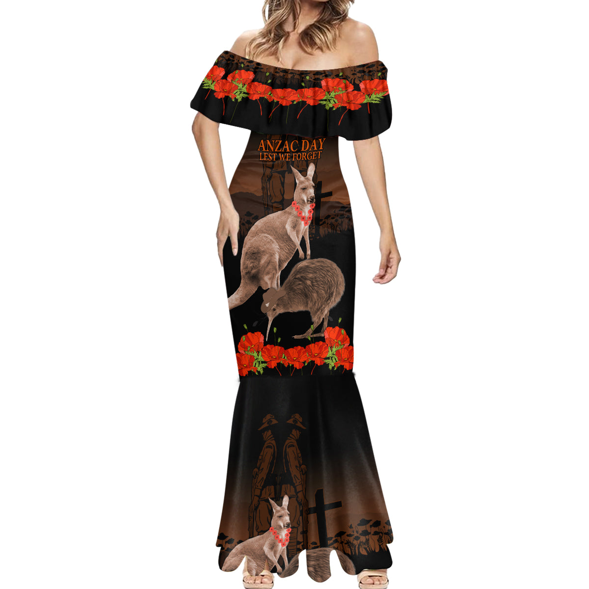 Kangaroo and Kiwi Bird ANZAC Day Custom Mermaid Dress Soldier Style LT9 - Polynesian Pride