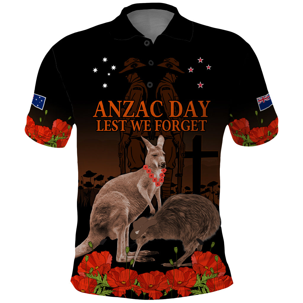 Kangaroo and Kiwi Bird ANZAC Day Custom Polo Shirt Soldier Style LT9 Black - Polynesian Pride