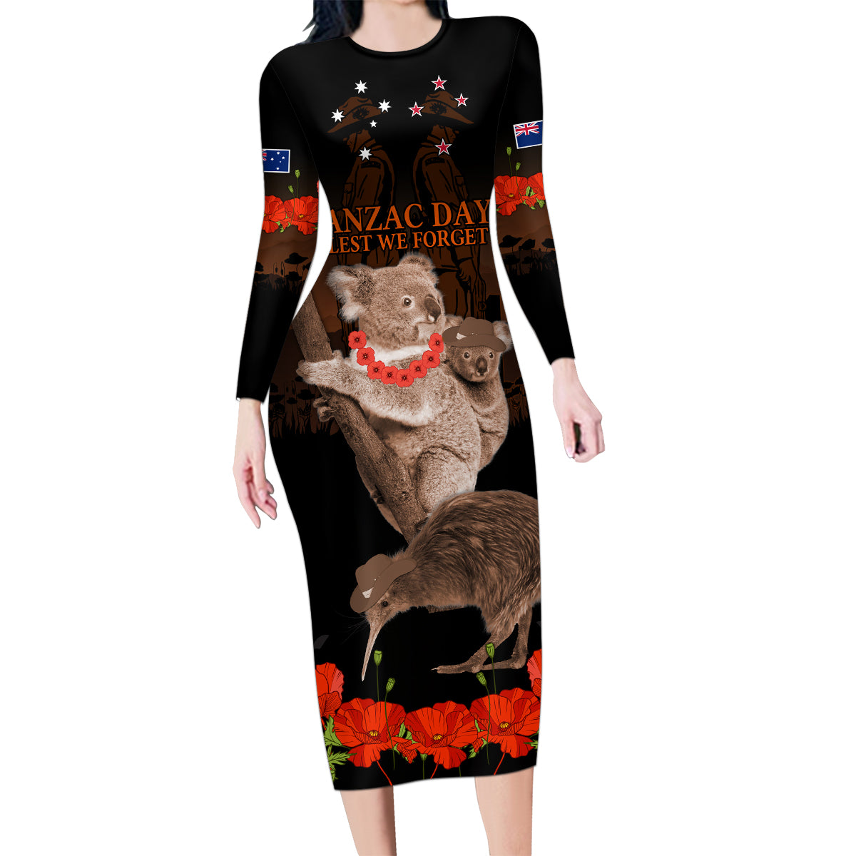 Koala and Kiwi Bird ANZAC Day Custom Family Matching Long Sleeve Bodycon Dress and Hawaiian Shirt Soldier Style LT9 Mom's Dress Black - Polynesian Pride