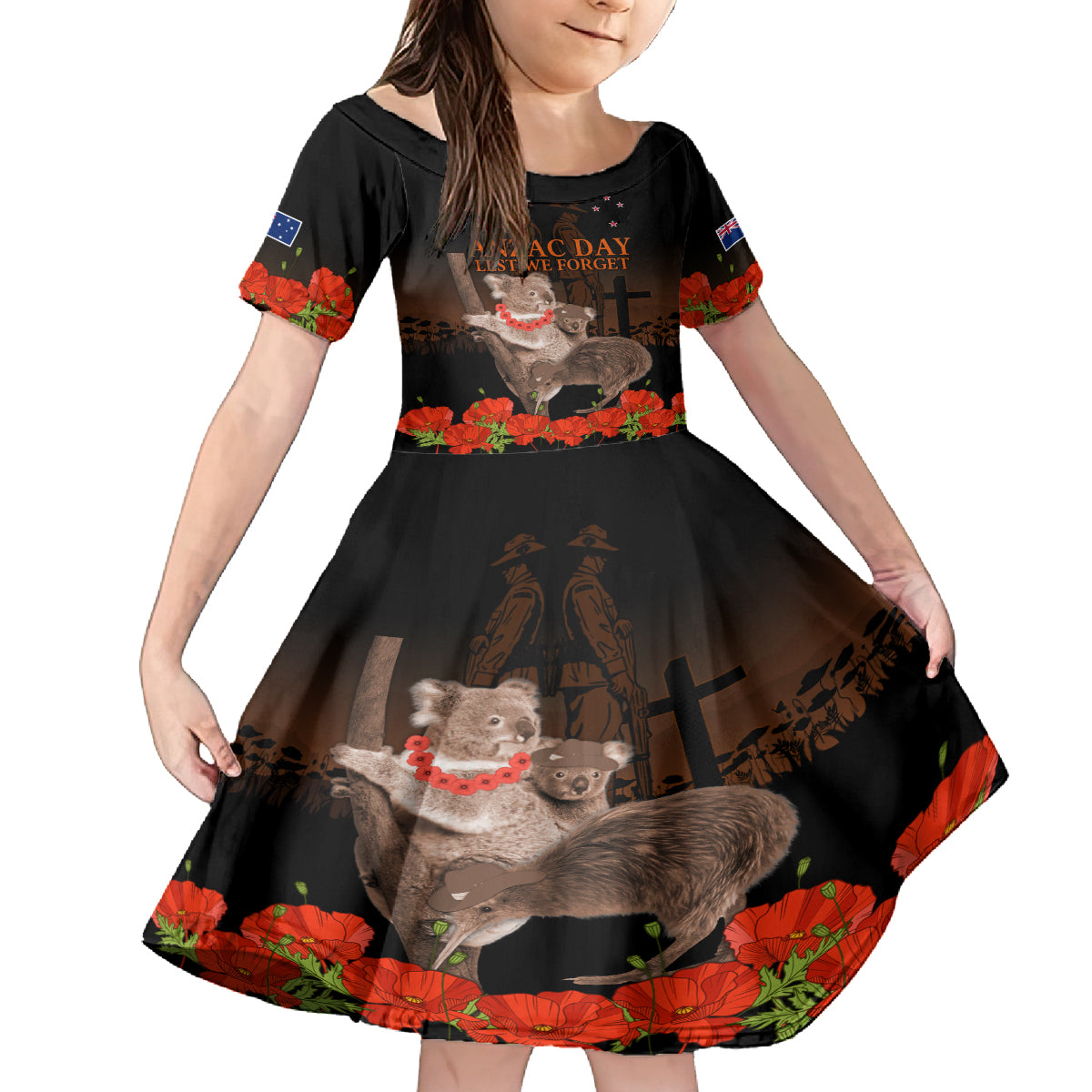 Koala and Kiwi Bird ANZAC Day Custom Family Matching Off Shoulder Maxi Dress and Hawaiian Shirt Soldier Style LT9 Daughter's Dress Black - Polynesian Pride