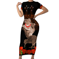 Koala and Kiwi Bird ANZAC Day Custom Short Sleeve Bodycon Dress Soldier Style LT9 Long Dress Black - Polynesian Pride