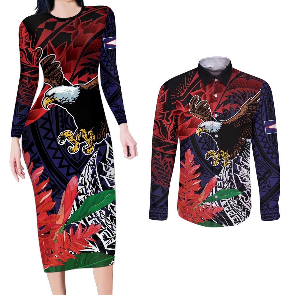 American Samoa Bald Eagle Personalized Couples Matching Long Sleeve Bodycon Dress and Long Sleeve Button Shirt Samoa Muamua Le Atua LT9 Blue - Polynesian Pride