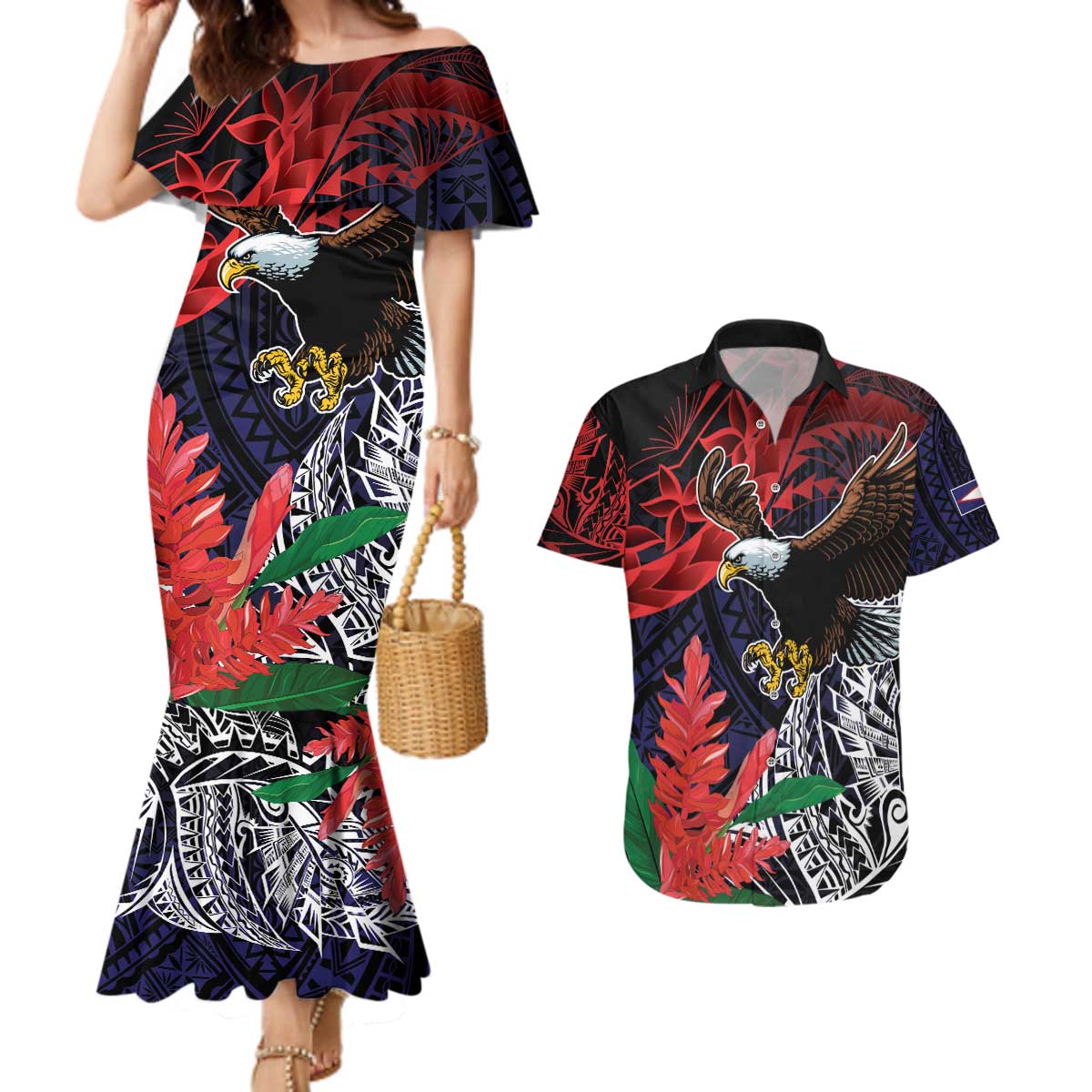 American Samoa Bald Eagle Personalized Couples Matching Mermaid Dress and Hawaiian Shirt Samoa Muamua Le Atua LT9 Blue - Polynesian Pride