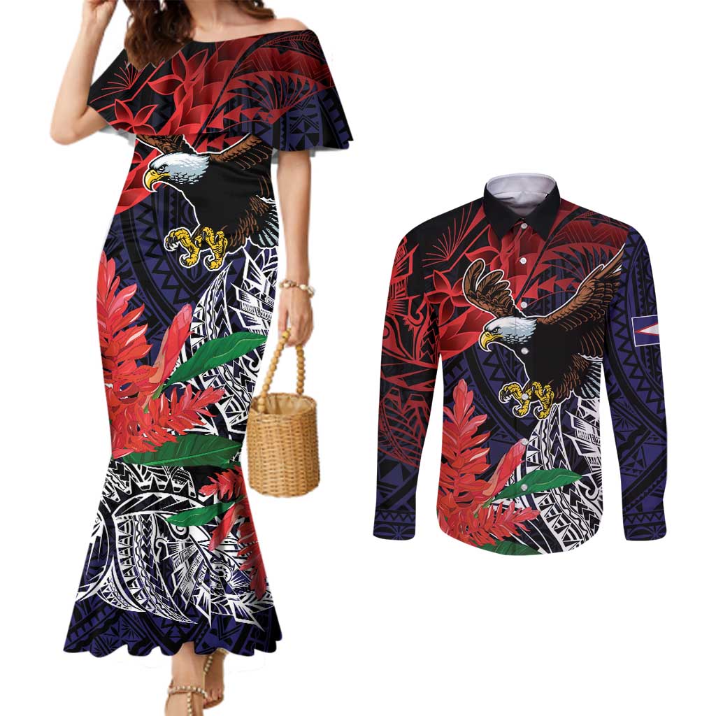 American Samoa Bald Eagle Personalized Couples Matching Mermaid Dress and Long Sleeve Button Shirt Samoa Muamua Le Atua LT9 Blue - Polynesian Pride