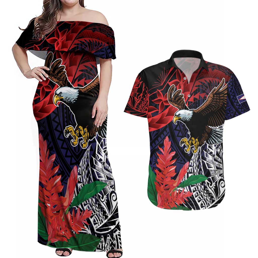American Samoa Bald Eagle Personalized Couples Matching Off Shoulder Maxi Dress and Hawaiian Shirt Samoa Muamua Le Atua LT9 Blue - Polynesian Pride