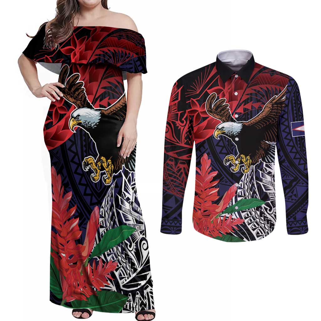 American Samoa Bald Eagle Personalized Couples Matching Off Shoulder Maxi Dress and Long Sleeve Button Shirt Samoa Muamua Le Atua LT9 Blue - Polynesian Pride