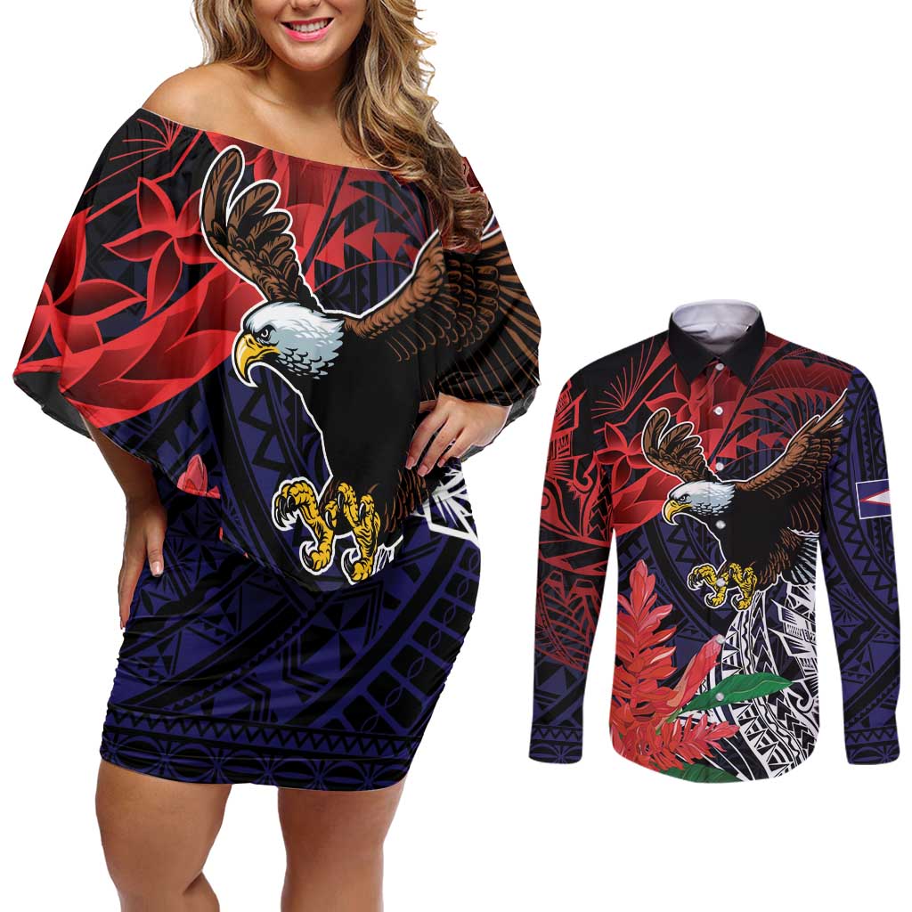 American Samoa Bald Eagle Personalized Couples Matching Off Shoulder Short Dress and Long Sleeve Button Shirt Samoa Muamua Le Atua LT9 Blue - Polynesian Pride
