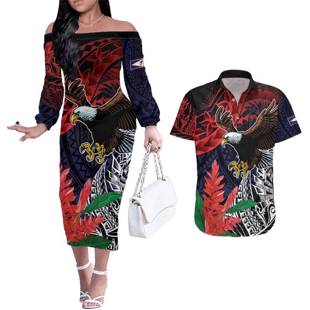 American Samoa Bald Eagle Personalized Couples Matching Off The Shoulder Long Sleeve Dress and Hawaiian Shirt Samoa Muamua Le Atua LT9 Blue - Polynesian Pride