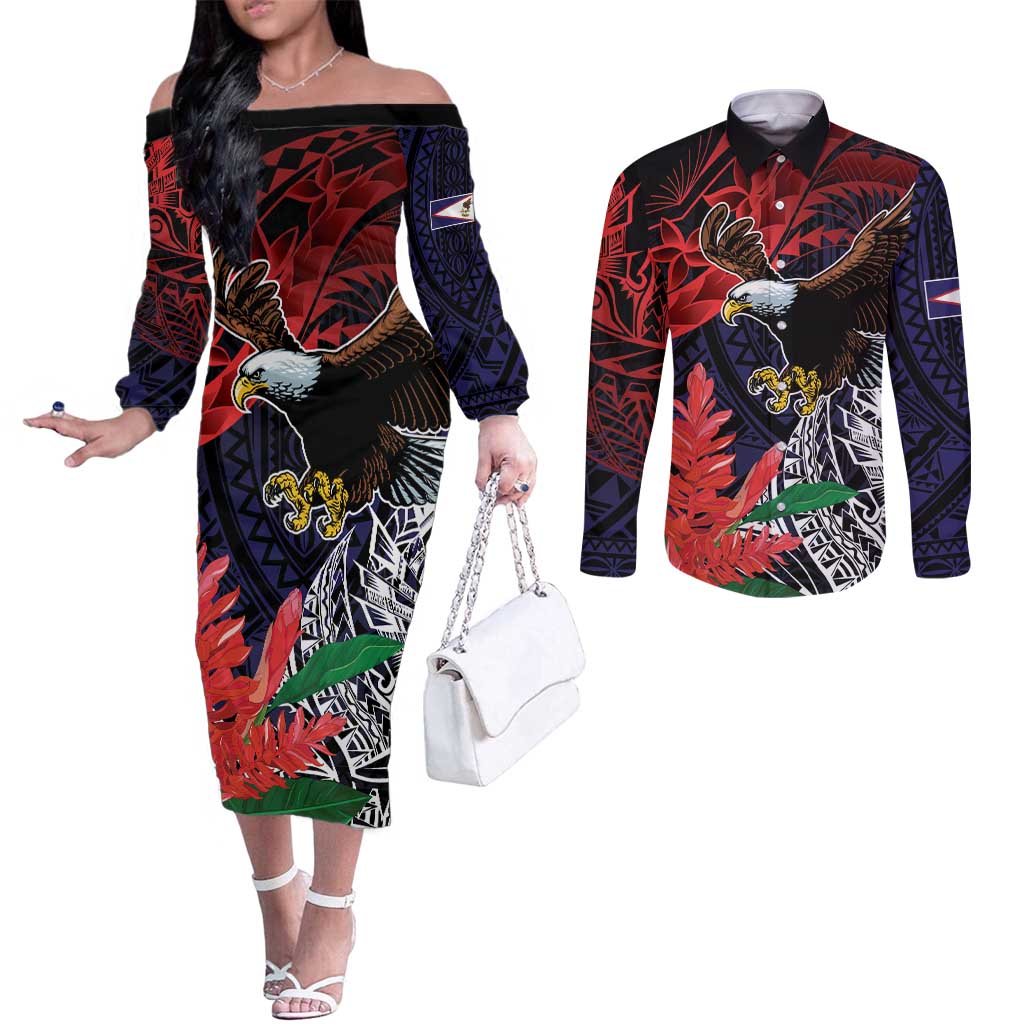 American Samoa Bald Eagle Personalized Couples Matching Off The Shoulder Long Sleeve Dress and Long Sleeve Button Shirt Samoa Muamua Le Atua LT9 Blue - Polynesian Pride