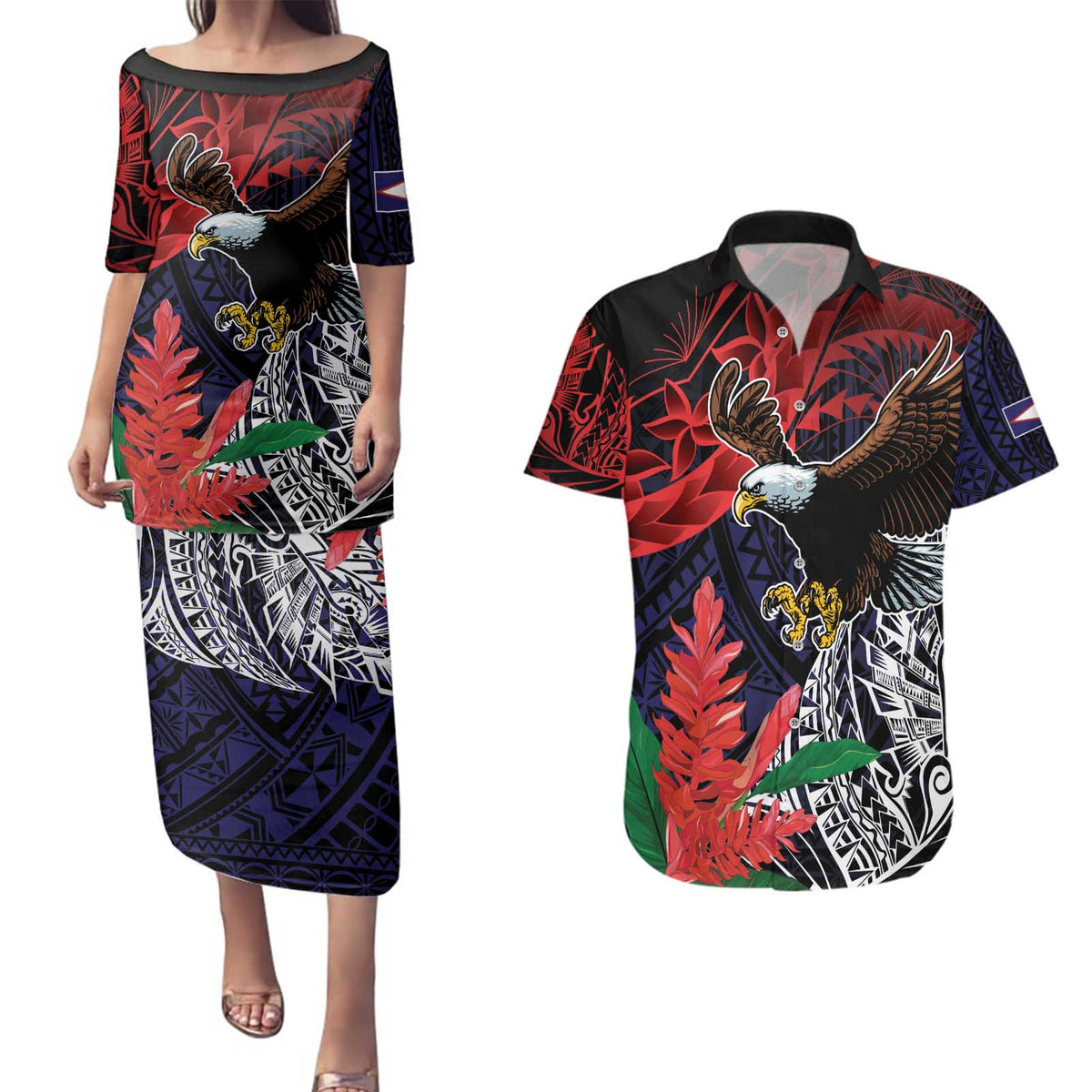 American Samoa Bald Eagle Personalized Couples Matching Puletasi and Hawaiian Shirt Samoa Muamua Le Atua