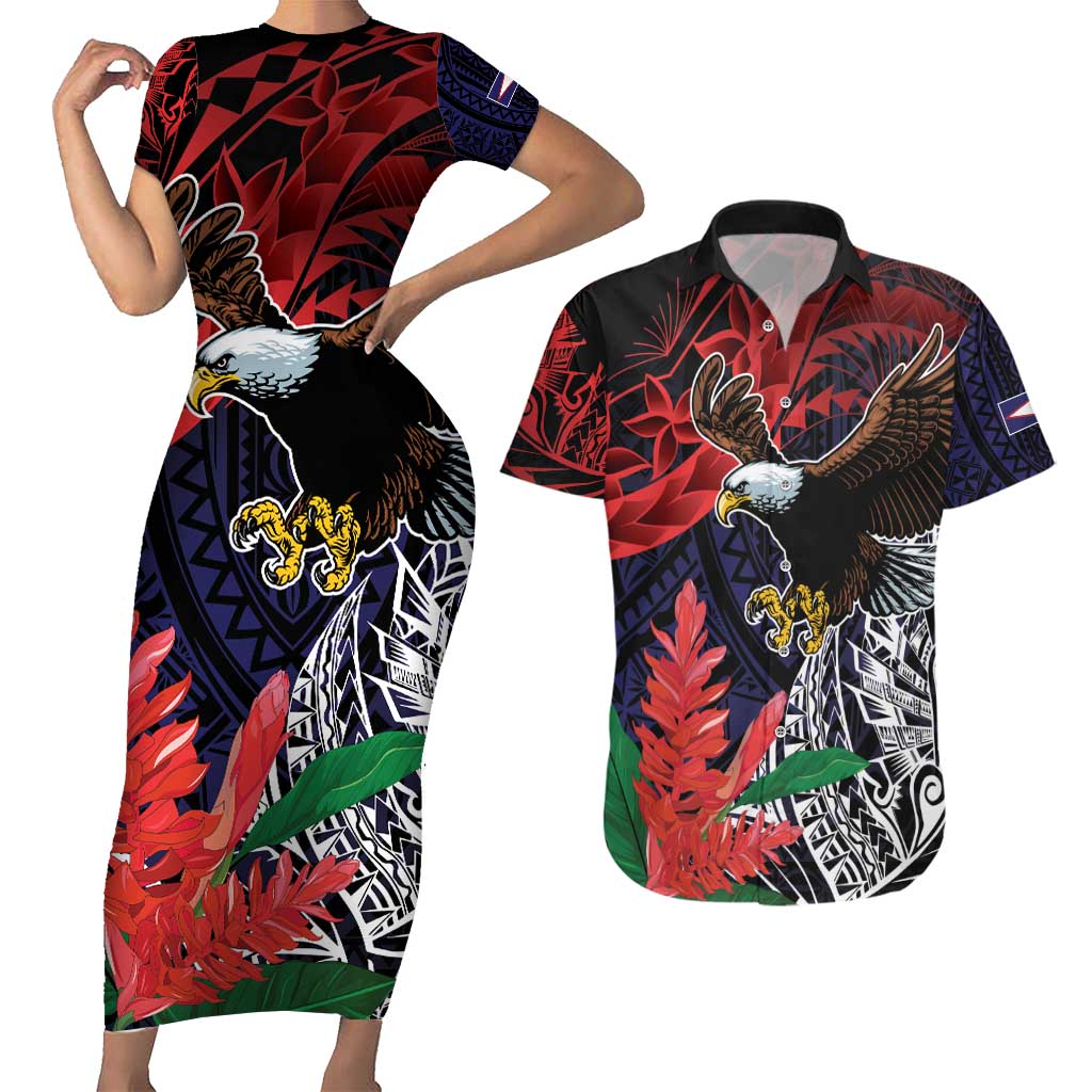 American Samoa Bald Eagle Personalized Couples Matching Short Sleeve Bodycon Dress and Hawaiian Shirt Samoa Muamua Le Atua LT9 Blue - Polynesian Pride