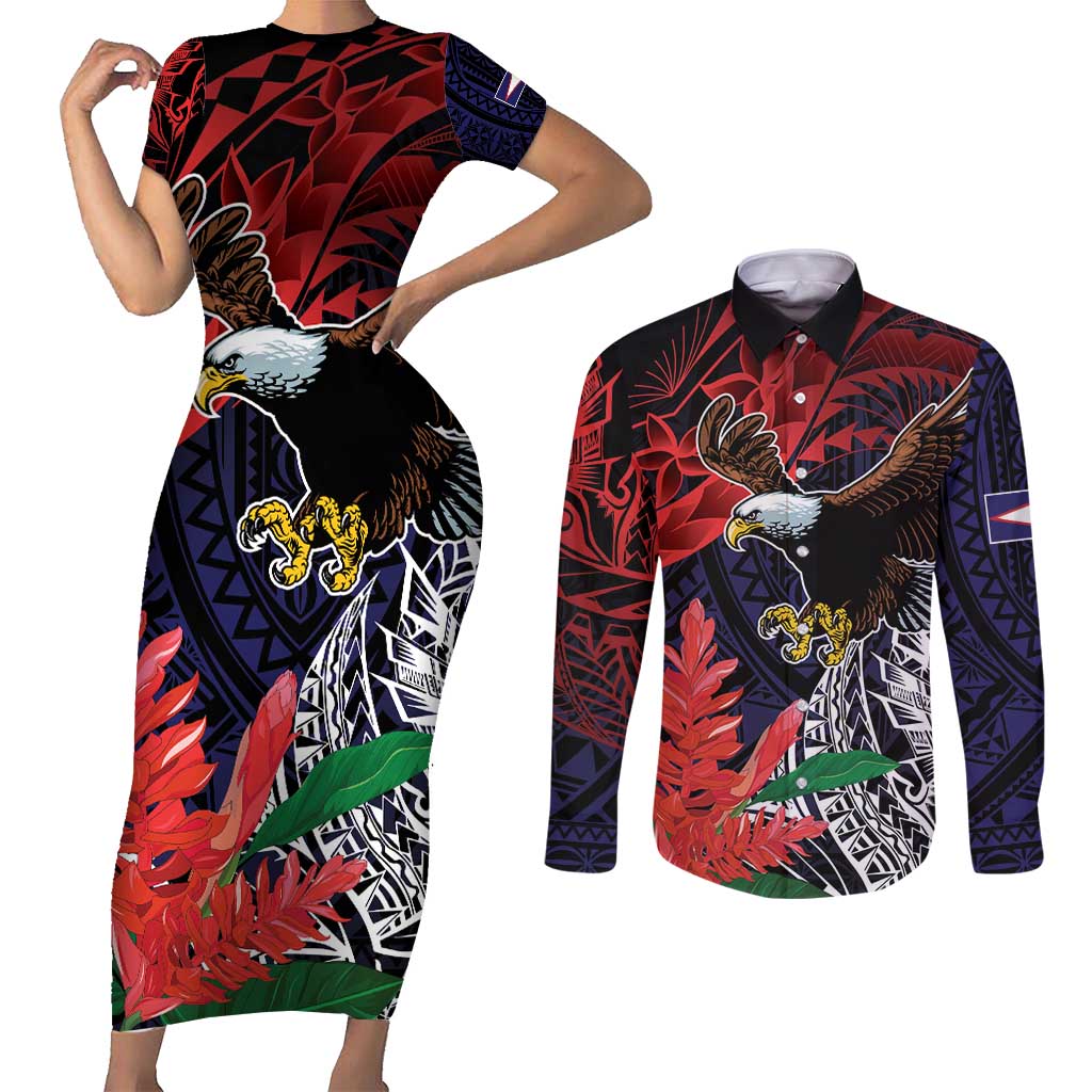 American Samoa Bald Eagle Personalized Couples Matching Short Sleeve Bodycon Dress and Long Sleeve Button Shirt Samoa Muamua Le Atua LT9 Blue - Polynesian Pride