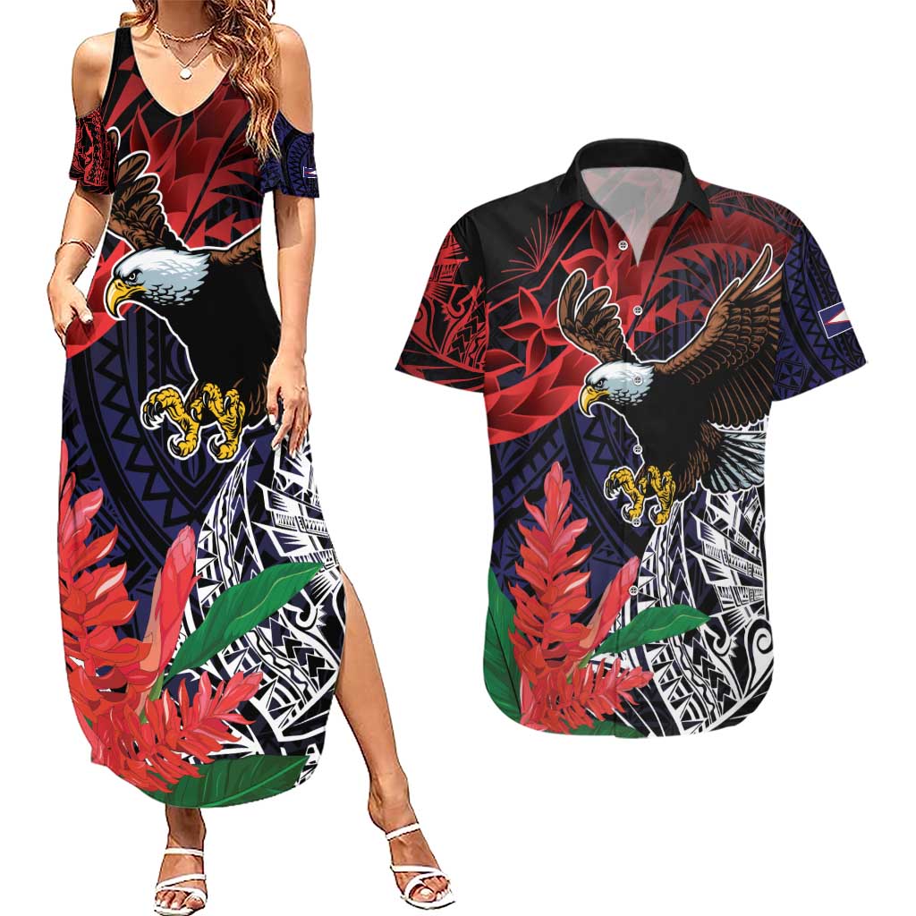 American Samoa Bald Eagle Personalized Couples Matching Summer Maxi Dress and Hawaiian Shirt Samoa Muamua Le Atua LT9 Blue - Polynesian Pride