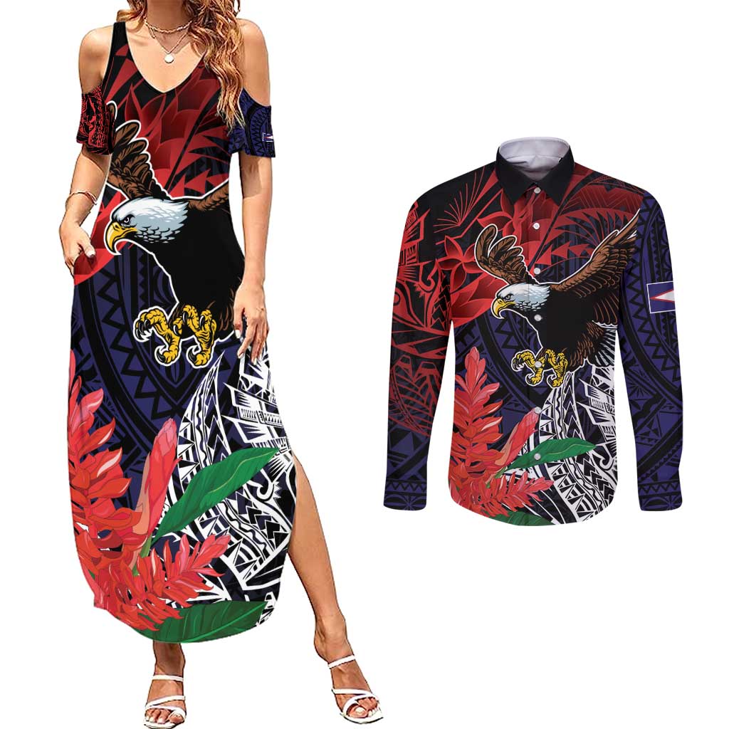 American Samoa Bald Eagle Personalized Couples Matching Summer Maxi Dress and Long Sleeve Button Shirt Samoa Muamua Le Atua LT9 Blue - Polynesian Pride