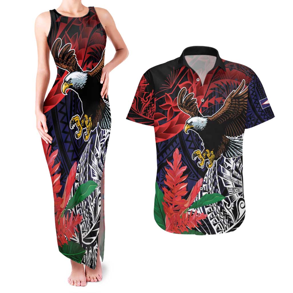 American Samoa Bald Eagle Personalized Couples Matching Tank Maxi Dress and Hawaiian Shirt Samoa Muamua Le Atua LT9 Blue - Polynesian Pride