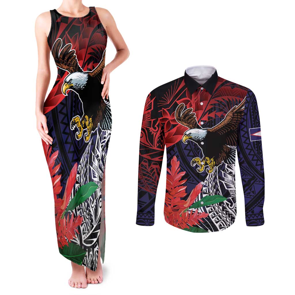 American Samoa Bald Eagle Personalized Couples Matching Tank Maxi Dress and Long Sleeve Button Shirt Samoa Muamua Le Atua LT9 Blue - Polynesian Pride