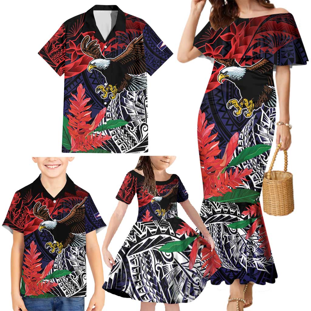 American Samoa Bald Eagle Personalized Family Matching Mermaid Dress and Hawaiian Shirt Samoa Muamua Le Atua