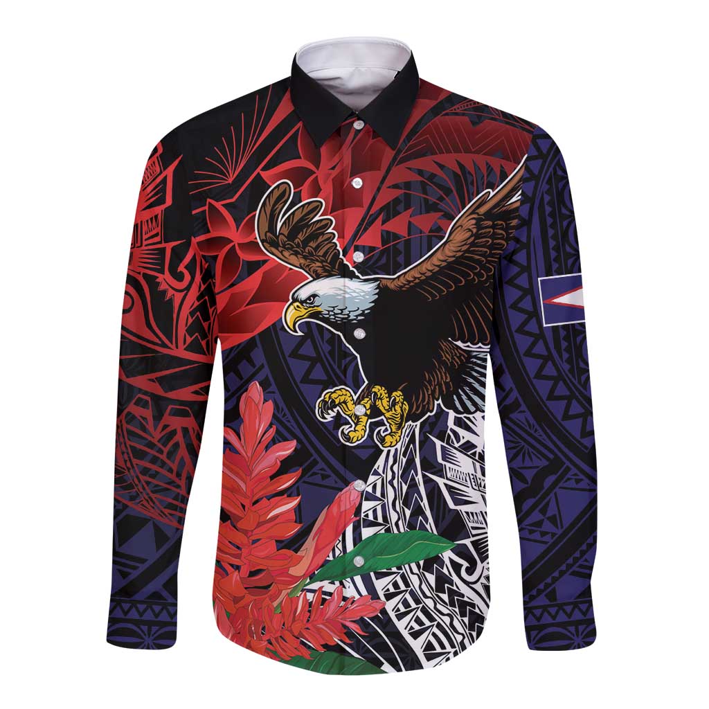 American Samoa Bald Eagle Personalized Long Sleeve Button Shirt Samoa Muamua Le Atua LT9 Unisex Blue - Polynesian Pride