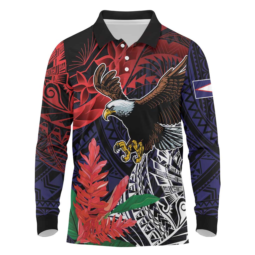 American Samoa Bald Eagle Personalized Long Sleeve Polo Shirt Samoa Muamua Le Atua LT9 Blue - Polynesian Pride